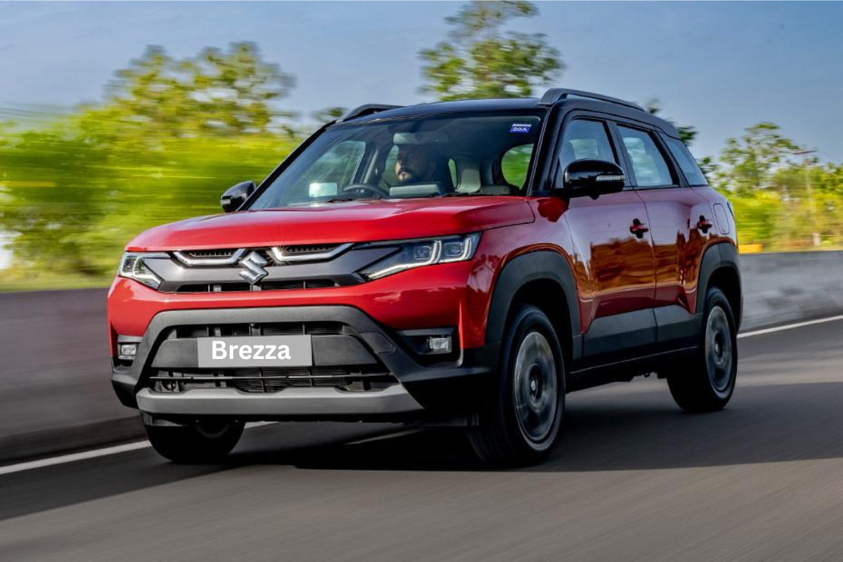 Maruti Suzuki Brezza front view showing grille, LED headlamps, and SUV stance